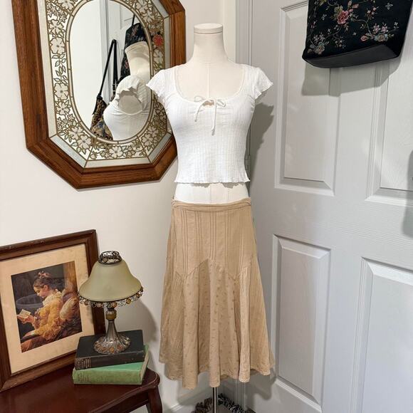 VTG Y2K Faded Glory Tan Floral Embroidered & Striped Patchwork Cotton Midi Skirt - Picture 2 of 8